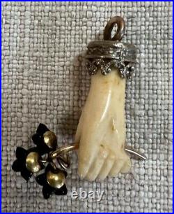 Rare Antique Victorian Carved Hand 9ct Gold Filigree Pendant Holding Jet Flowers