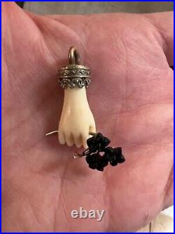 Rare Antique Victorian Carved Hand 9ct Gold Filigree Pendant Holding Jet Flowers