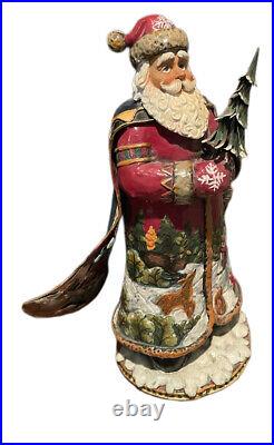 Rare Antique Victorian Hand painted On Metal 3D Santa In Cape with Tree