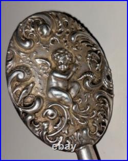 Rare Antique Victorian Sterling Silver Miniature Chatelaine Hand Mirror Cherubs