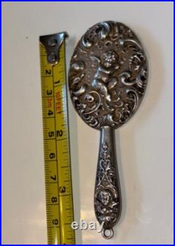 Rare Antique Victorian Sterling Silver Miniature Chatelaine Hand Mirror Cherubs