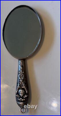 Rare Antique Victorian Sterling Silver Miniature Chatelaine Hand Mirror Cherubs