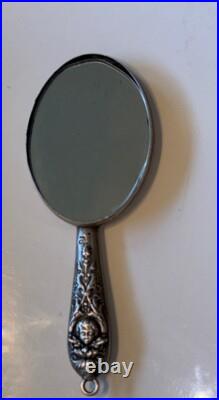 Rare Antique Victorian Sterling Silver Miniature Chatelaine Hand Mirror Cherubs