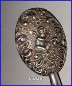 Rare Antique Victorian Sterling Silver Miniature Chatelaine Hand Mirror Cherubs