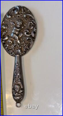 Rare Antique Victorian Sterling Silver Miniature Chatelaine Hand Mirror Cherubs
