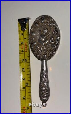 Rare Antique Victorian Sterling Silver Miniature Chatelaine Hand Mirror Cherubs