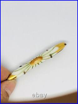 Rare Antique Vtg Victorian Hand Painted on Porcelain Yellow Flower Bar Pin 2.5