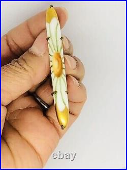 Rare Antique Vtg Victorian Hand Painted on Porcelain Yellow Flower Bar Pin 2.5