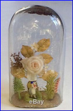 Rare Antique Wax Valentine Victorian Diorama Under Hand Blown Glass Dome