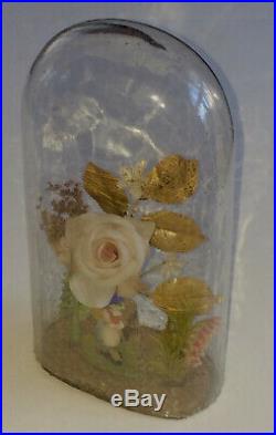 Rare Antique Wax Valentine Victorian Diorama Under Hand Blown Glass Dome