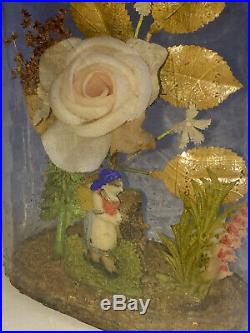 Rare Antique Wax Valentine Victorian Diorama Under Hand Blown Glass Dome