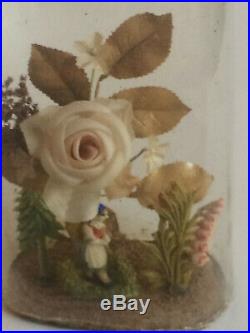 Rare Antique Wax Valentine Victorian Diorama Under Hand Blown Glass Dome