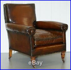 Rare Bluster Arm Hand Dyed Brown Leather Maple & Co Victorian Club Armchair