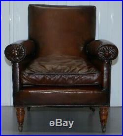 Rare Bluster Arm Hand Dyed Brown Leather Maple & Co Victorian Club Armchair