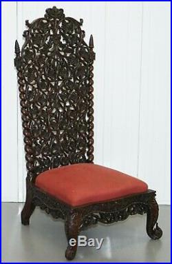 Rare Circa 1880 Burmese Solid Rosewood Hand Carved Floral Chair High Back Ornate