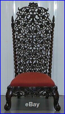 Rare Circa 1880 Burmese Solid Rosewood Hand Carved Floral Chair High Back Ornate