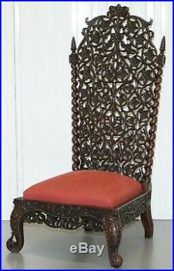 Rare Circa 1880 Burmese Solid Rosewood Hand Carved Floral Chair High Back Ornate