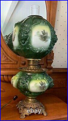 Rare Fostoria Lions Head Victorian Hand Painted GWTW Oil Lamp Electrified