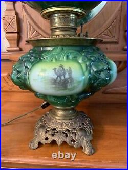 Rare Fostoria Lions Head Victorian Hand Painted GWTW Oil Lamp Electrified