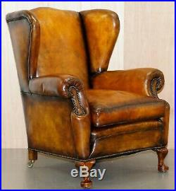 Rare Fully Restored Victorian Wingback Armchair Hand Dyed Brown Leather, Castors