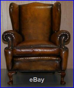 Rare Fully Restored Victorian Wingback Armchair Hand Dyed Brown Leather, Castors