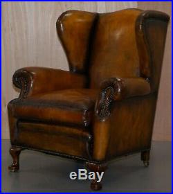 Rare Fully Restored Victorian Wingback Armchair Hand Dyed Brown Leather, Castors