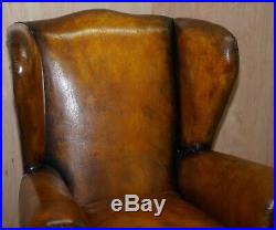 Rare Fully Restored Victorian Wingback Armchair Hand Dyed Brown Leather, Castors