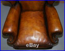 Rare Fully Restored Victorian Wingback Armchair Hand Dyed Brown Leather, Castors