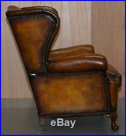 Rare Fully Restored Victorian Wingback Armchair Hand Dyed Brown Leather, Castors