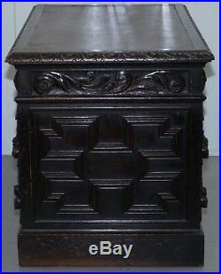 Rare Hand Carved English Oak Knee Hole Pedestal Desk Victorian 1870 Green Man