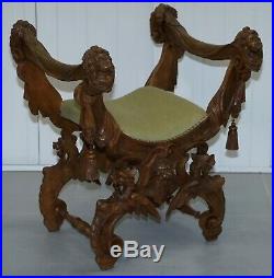 Rare Italian Renaissance Hand Carved Walnut Chair / Bench Seat Cherubs Dragons