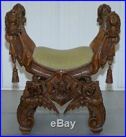 Rare Italian Renaissance Hand Carved Walnut Chair / Bench Seat Cherubs Dragons