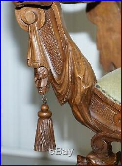 Rare Italian Renaissance Hand Carved Walnut Chair / Bench Seat Cherubs Dragons