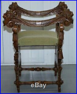Rare Italian Renaissance Hand Carved Walnut Chair / Bench Seat Cherubs Dragons