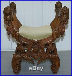 Rare Italian Renaissance Hand Carved Walnut Chair / Bench Seat Cherubs Dragons