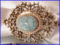Rare OOAK Hand Made Victorian Turquiose Seed Pearl 14k gold brooch FABulous 18j5