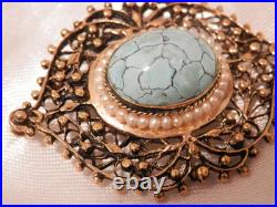 Rare OOAK Hand Made Victorian Turquiose Seed Pearl 14k gold brooch FABulous 18j5