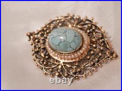 Rare OOAK Hand Made Victorian Turquiose Seed Pearl 14k gold brooch FABulous 18j5