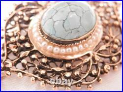 Rare OOAK Hand Made Victorian Turquiose Seed Pearl 14k gold brooch FABulous 18j5