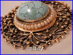 Rare OOAK Hand Made Victorian Turquiose Seed Pearl 14k gold brooch FABulous 18j5