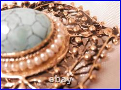 Rare OOAK Hand Made Victorian Turquiose Seed Pearl 14k gold brooch FABulous 18j5