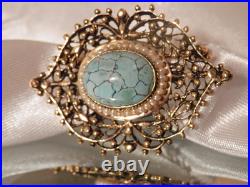 Rare OOAK Hand Made Victorian Turquiose Seed Pearl 14k gold brooch FABulous 18j5