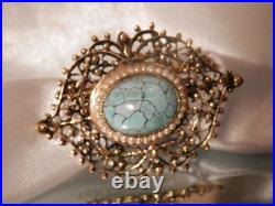 Rare OOAK Hand Made Victorian Turquiose Seed Pearl 14k gold brooch FABulous 18j5