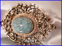 Rare OOAK Hand Made Victorian Turquiose Seed Pearl 14k gold brooch FABulous 18j5