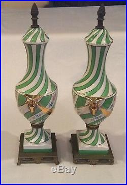 Rare Pair 15.5 Antique Victorian Rams Head Hand Painted Porcelain Brass Decor