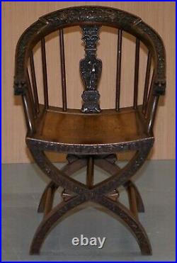 Rare Pair Of Circa 1900 Anglo Chinese Hand Carved Savonarola Armchairs Dragons