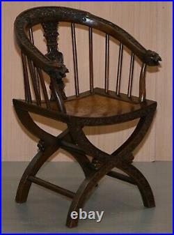 Rare Pair Of Circa 1900 Anglo Chinese Hand Carved Savonarola Armchairs Dragons