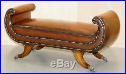 Rare Regency Scroll Arm Fully Restored Brown Leather Hand Dyed Window Bench Seat