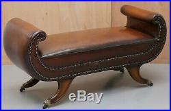 Rare Regency Scroll Arm Fully Restored Brown Leather Hand Dyed Window Bench Seat