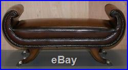 Rare Regency Scroll Arm Fully Restored Brown Leather Hand Dyed Window Bench Seat